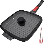 RANXINGST Poêle à griller avec poignée amovible, 10" Pantalon sans bâton avec couvercle carré Steak en aluminium moulé, sans danger four - noir