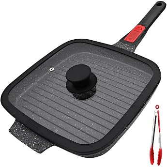 RANX INST Induction Grill Pan with Removable Handle, 26 x 24 cm, Steak Pan with Lid, Non-Stick Coated Aluminum Grill Pan, A