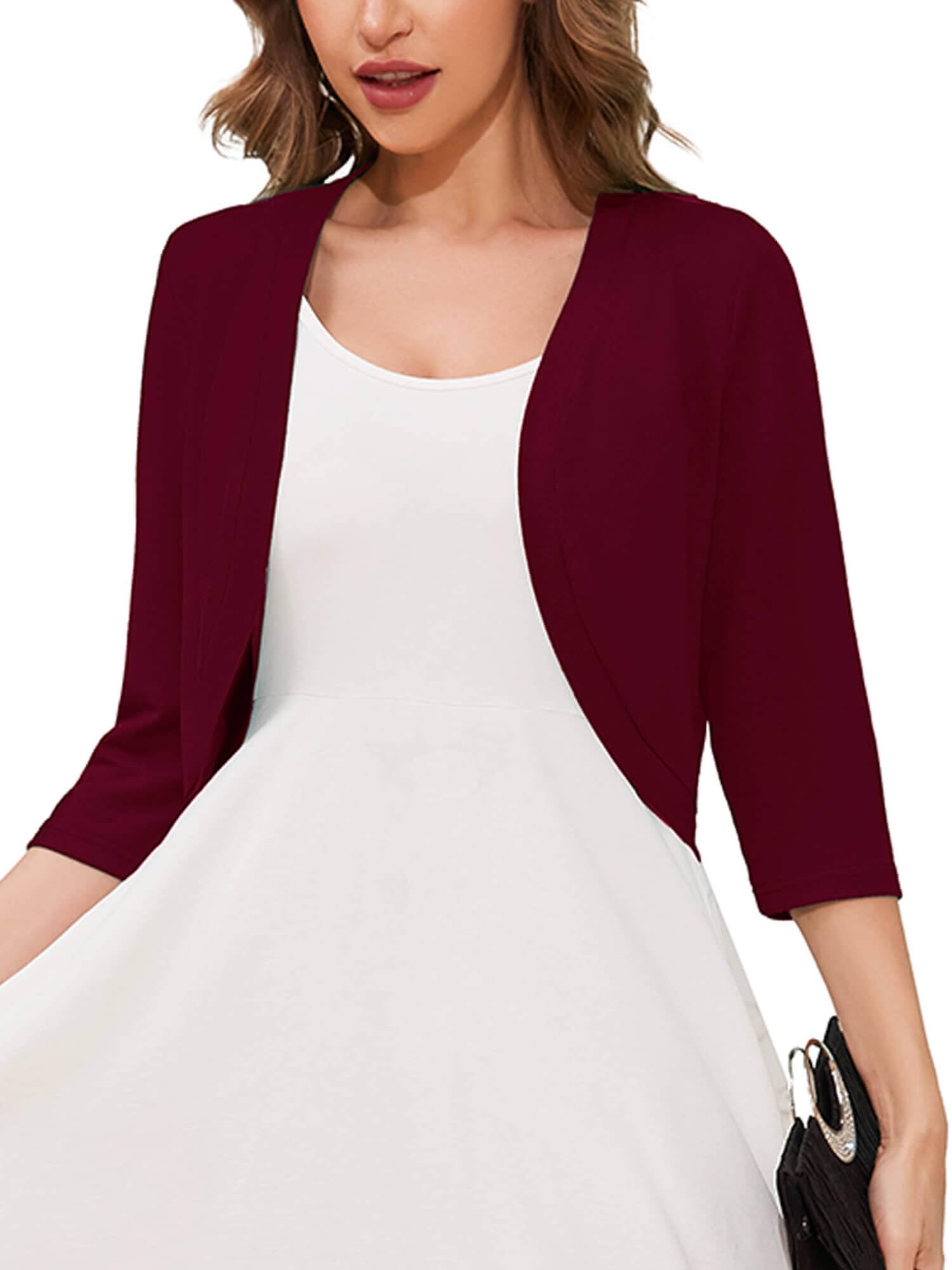 Soft 3/4 Sleeve Cropped Bolero Shrug Cardigan, Burgundy, M | Soft breathable knit fabric, 3/4 sleeve cropped cardigan, effortless open front, ideal for dresses and party, women S-XXL