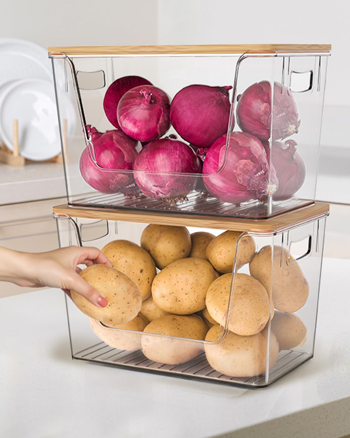 Pack of 4 Potato and Onion Storage, Stackable Pantry Organizers and Storage, Clear Fruit and Vegetable Storage with Bamboo Lid, For Produce Such as Potatoes, Onions, Fruit and Vegetable Storage