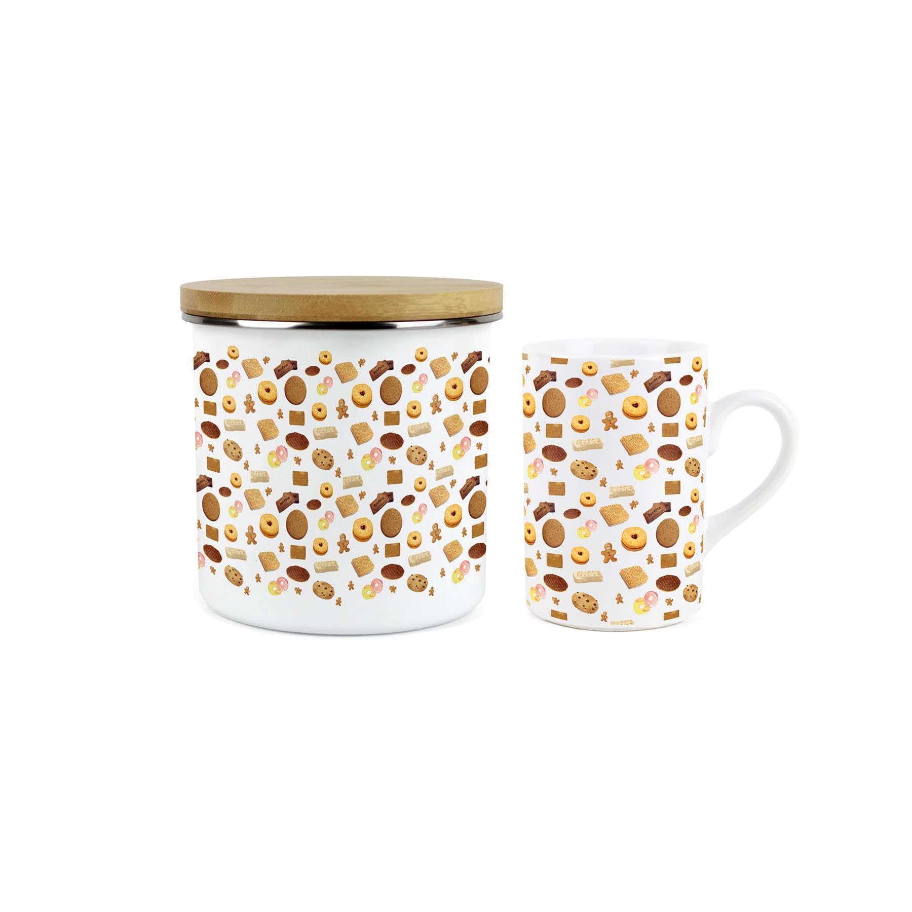 Purely Home British Biscuits Mug & Canister Gift Set - Novelty Gifts For Foodies - Ceramic Mug & Enamel Biscuit Tin/Cookie Jar Present