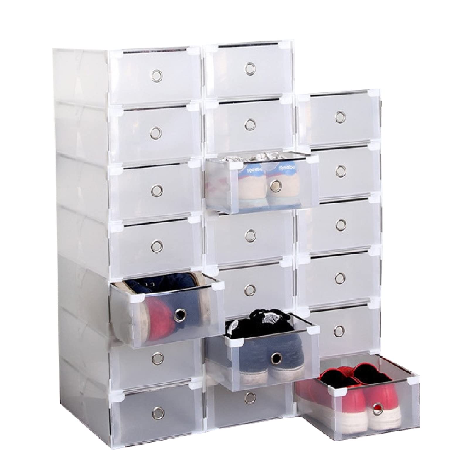 Paquete de 20 cajas de plástico para zapatos, cajas de almacenamiento plegables y apilables, caja de almacenamiento apilable para hombres y mujeres