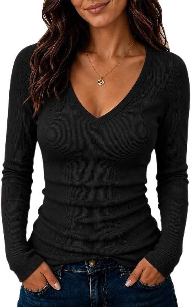 iGENJUN Women Long Sleeve V Neck Shirts for Women Business Casual Work Top Knit Slim Fit for Fall