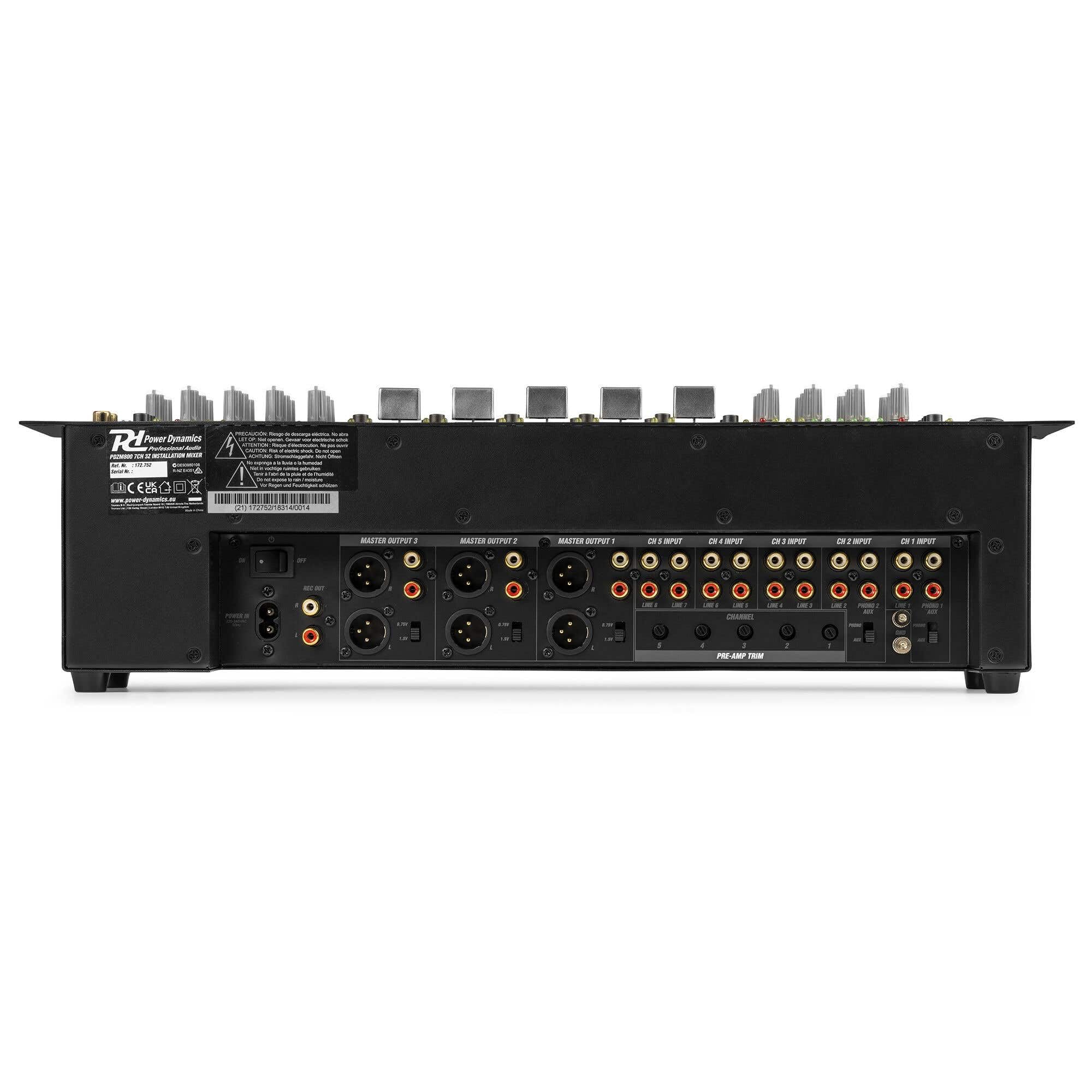 Power Dynamics PDZM800 Audio Mischpult 3-Zonen Mixer für Lautsprecher Installationen - DSP, 5 Input + 2 MIC Input Kanäle, Talkover, CUE, 19" Rack 2U, XLR, Klinke, +48V Phantom