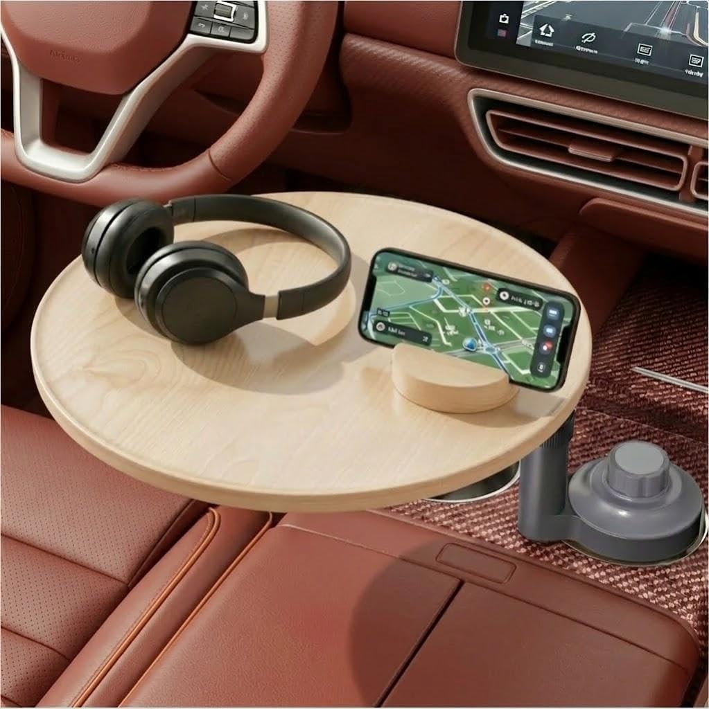Car Desk for Laptop & Car Table Tray, Height-Adjustable 360° Rotating Wood Car Laptop Mount, Cup Holder Table, Steering Wheel Tray, Compatible with Tesla & Most Vehicles