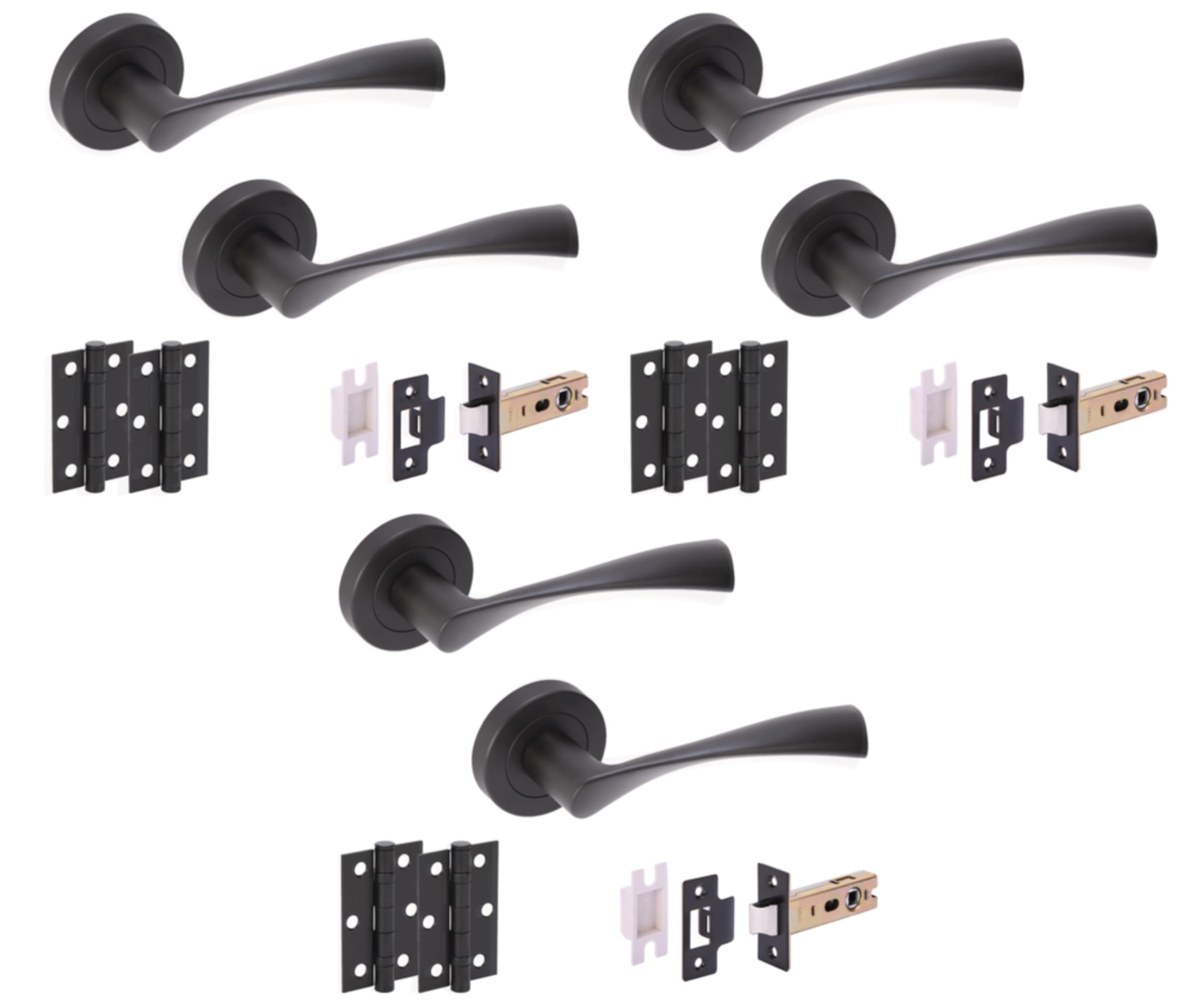 Hunta HANDLEZONE® 3 Sets Zena Internal Door Handles on Rose Lever Latch Packs with Ball Bearing Hinges - Black Matt