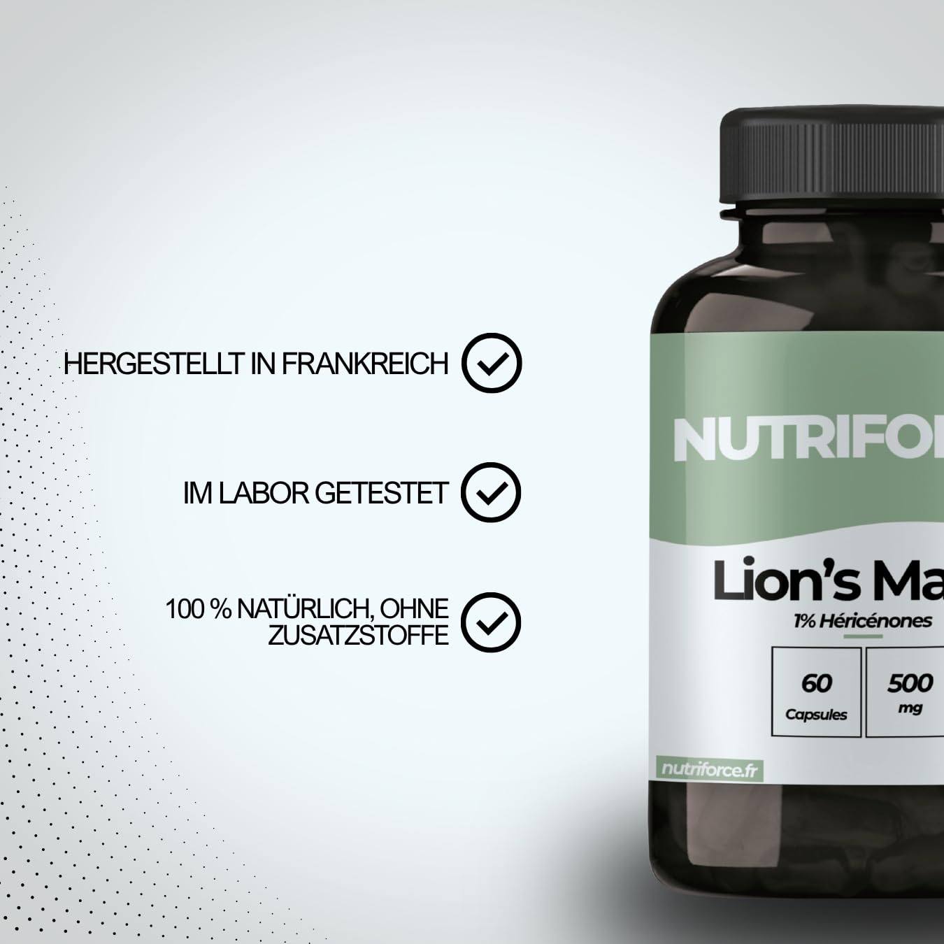 Lion's Mane 500mg Kapseln (Hericium Erinaceus) – Kognition, Gehirngesundheit, Konzentration, Focus & Stimmung – 60 Vegane Kapseln – 2 Monate – Frankreich