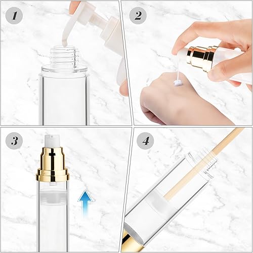 Miniatura 6 de 4 botellas de plástico transparente sin aire de 0.5 fl oz0.5 onzas, botellas vacías rellenables con bomba de vacío, botellas de prensa, tamaño de