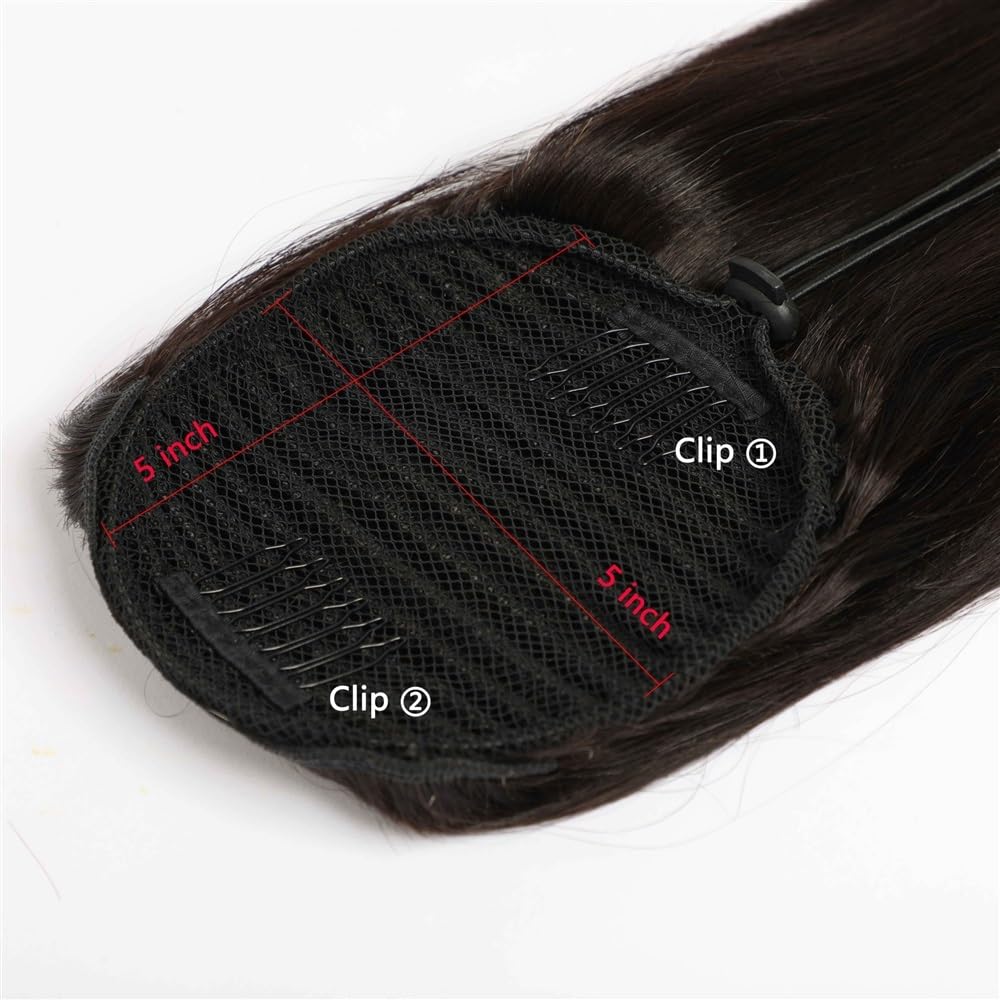 Doczepiane końskie włosy brazylijski Remy ludzkie włosy z regulowanym sznurkiem 25-55 cm, z klipsem, prosty koński ogon, naturalna czerń, codzienne noszenie (22 cale)