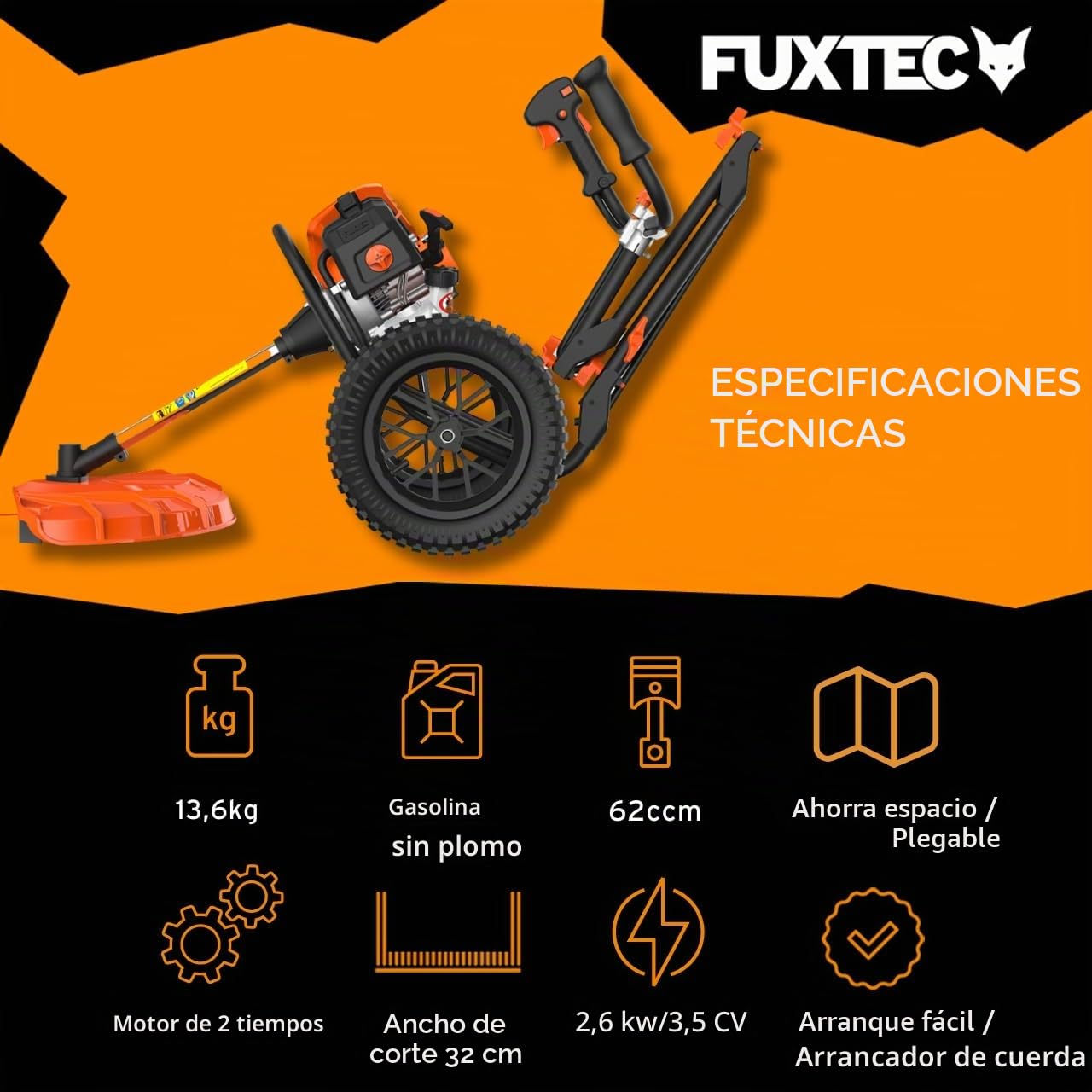 FUXTEC Desbrozadora con Ruedas de Gasolina FX-FSR152 de 52cc y con 3 CV - diseñada para Grandes Superficies y para su Espalda. Recortadora Trimmer,Motor de Gasolina de 2 Tiempos