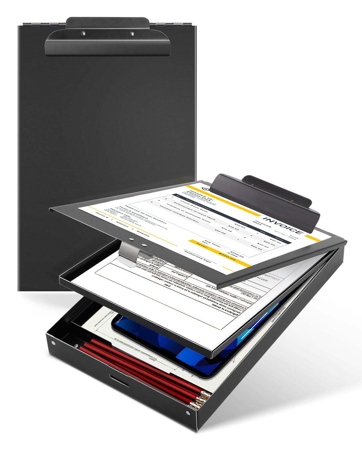 Photo 1 of **DENTED**Metal Clipboard with Storage, Letter Size Heavy Duty Aluminum Clipboards, Dual Storage Binder Form Holder with High Capacity Clip for Teacher, Nurse, Police, School & Office Supplies - Frosted Black