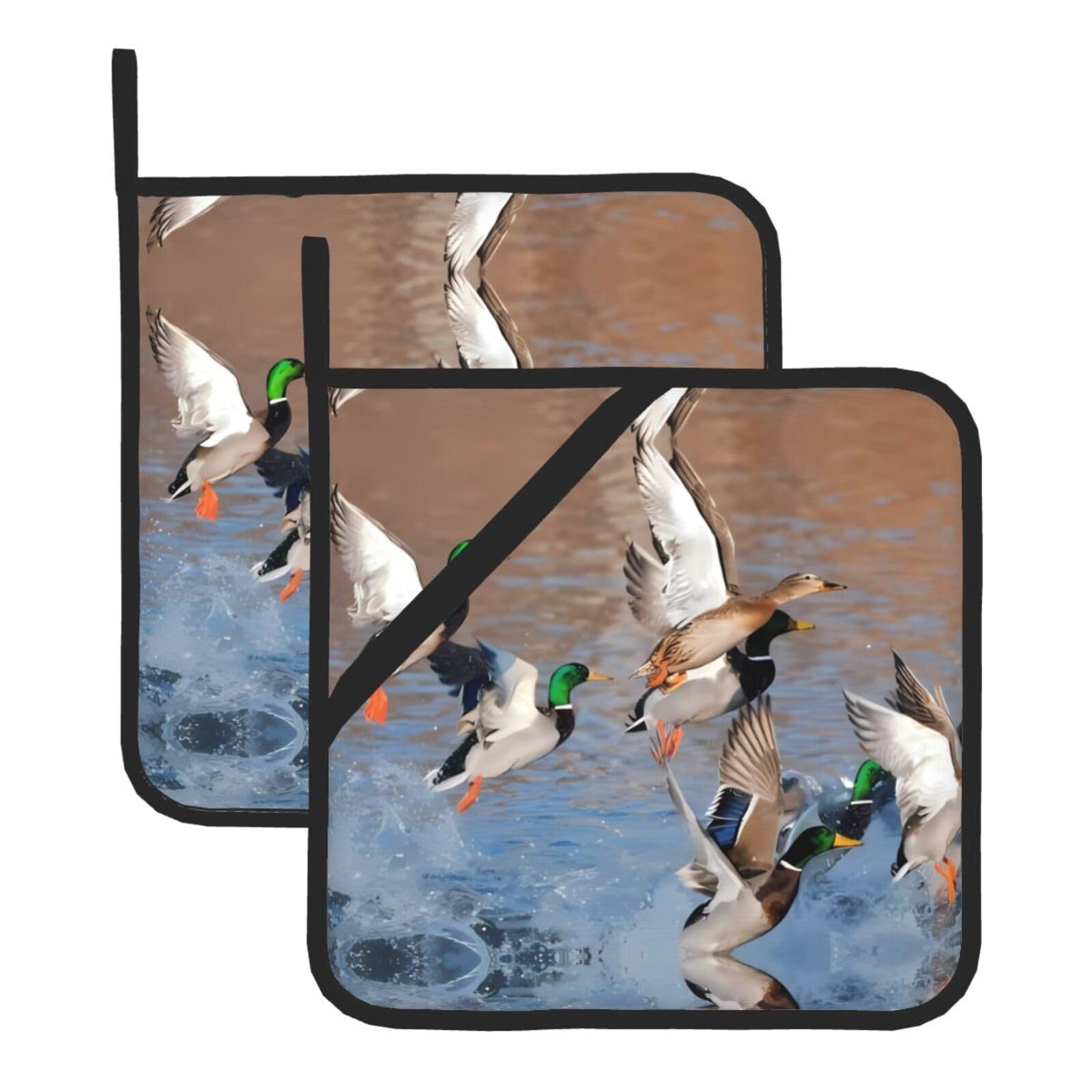 WHJSHOP Mallard Ducks Prints Square Pot Holders - Waterproof Heat Resistant Kitchen Throw Pads for Hot Bowls & Dishes, Durable Oven Mitt Layers with Hanging Loop - Set of 2