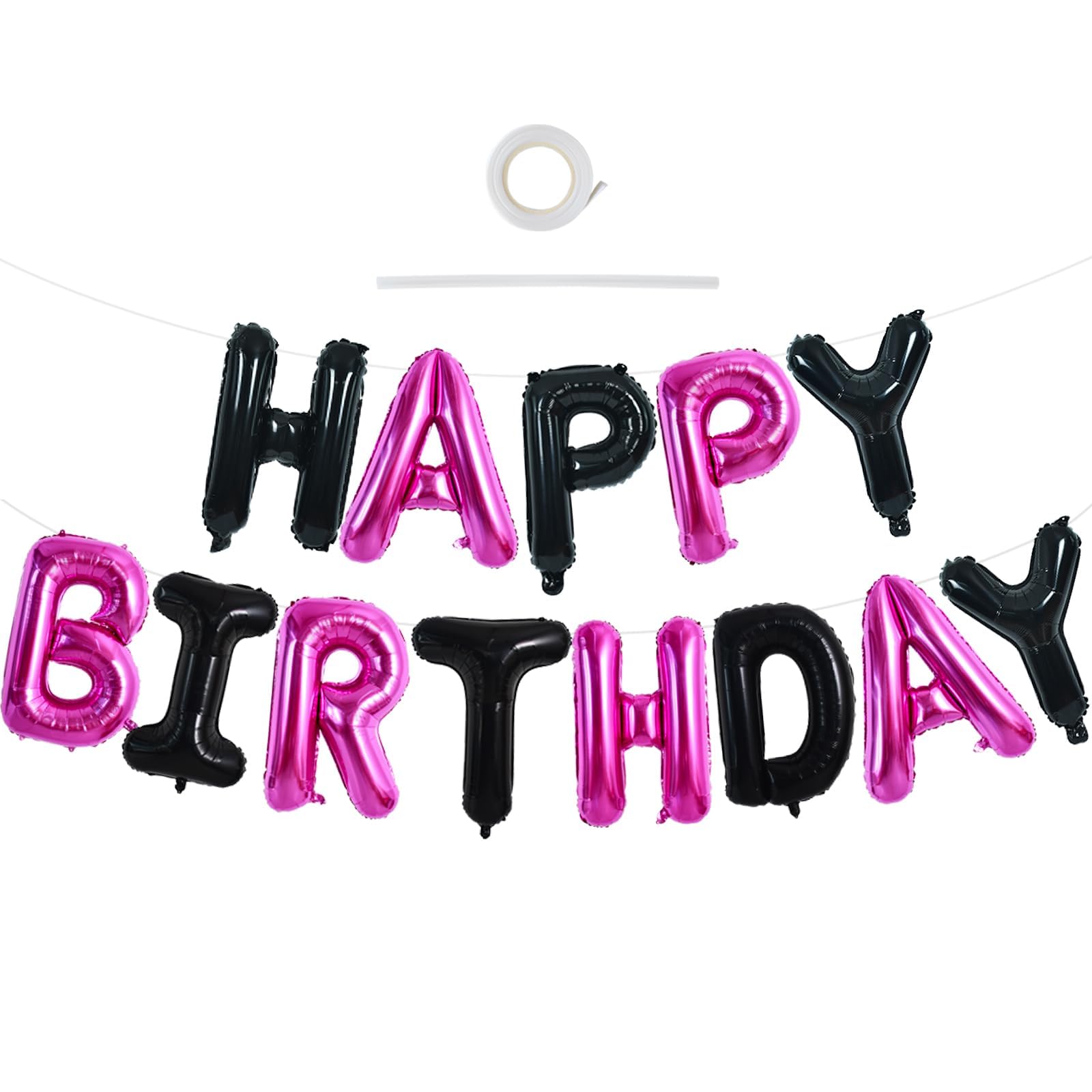 TONIFUL 16 Inch Letter Balloons Happy Birthday Balloons with Ribbon Straw, 16 Inch Mylar Letters Birthday Sign Banner Bunting Reusable for Adults Party Decorations Supplies(Black Hot Pink)