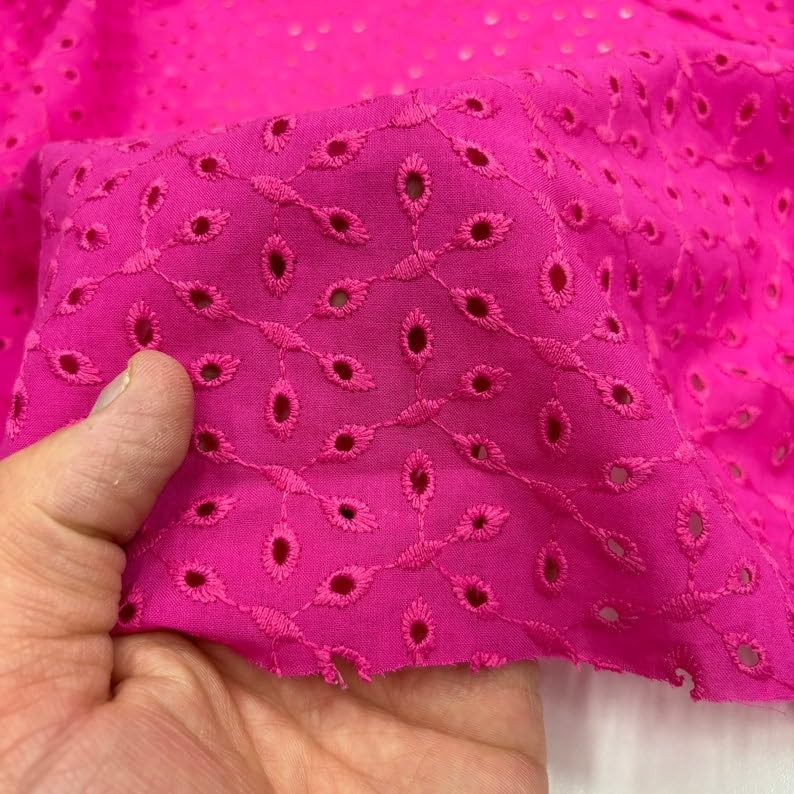 Pink Embroidered Eyelet 100% Cotton Fabric, Fabric by The Yard, Ribbon Embroidered(1.53yards-55 inc Width)