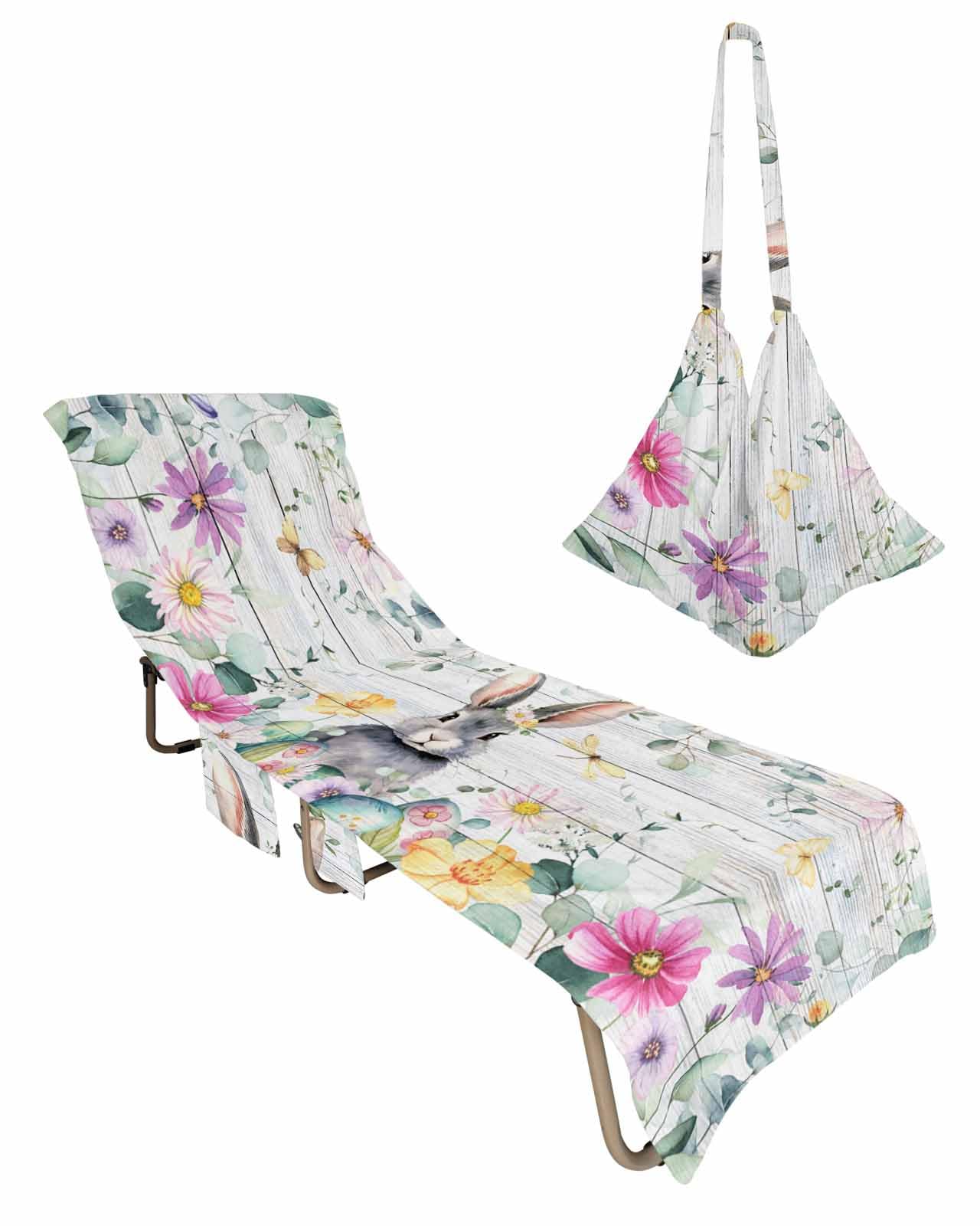 Easter Eggs Bunny Beach Chair Towel Covers for Chaise Lounge With Side Pocket, Soft Plush Pool Towels Cover for Patio Sunbathing Outdoor 29''x85'' Rustic Spring Flower Leaves Herb Wood