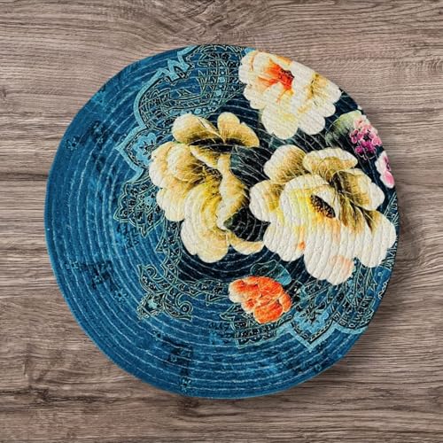 Image of Jute Cotton Round Table Mats Set of 6 - Dining Table mat 6 Pieces Waterproof, Elegant and Durable for Dining Table (Blue Lilly)