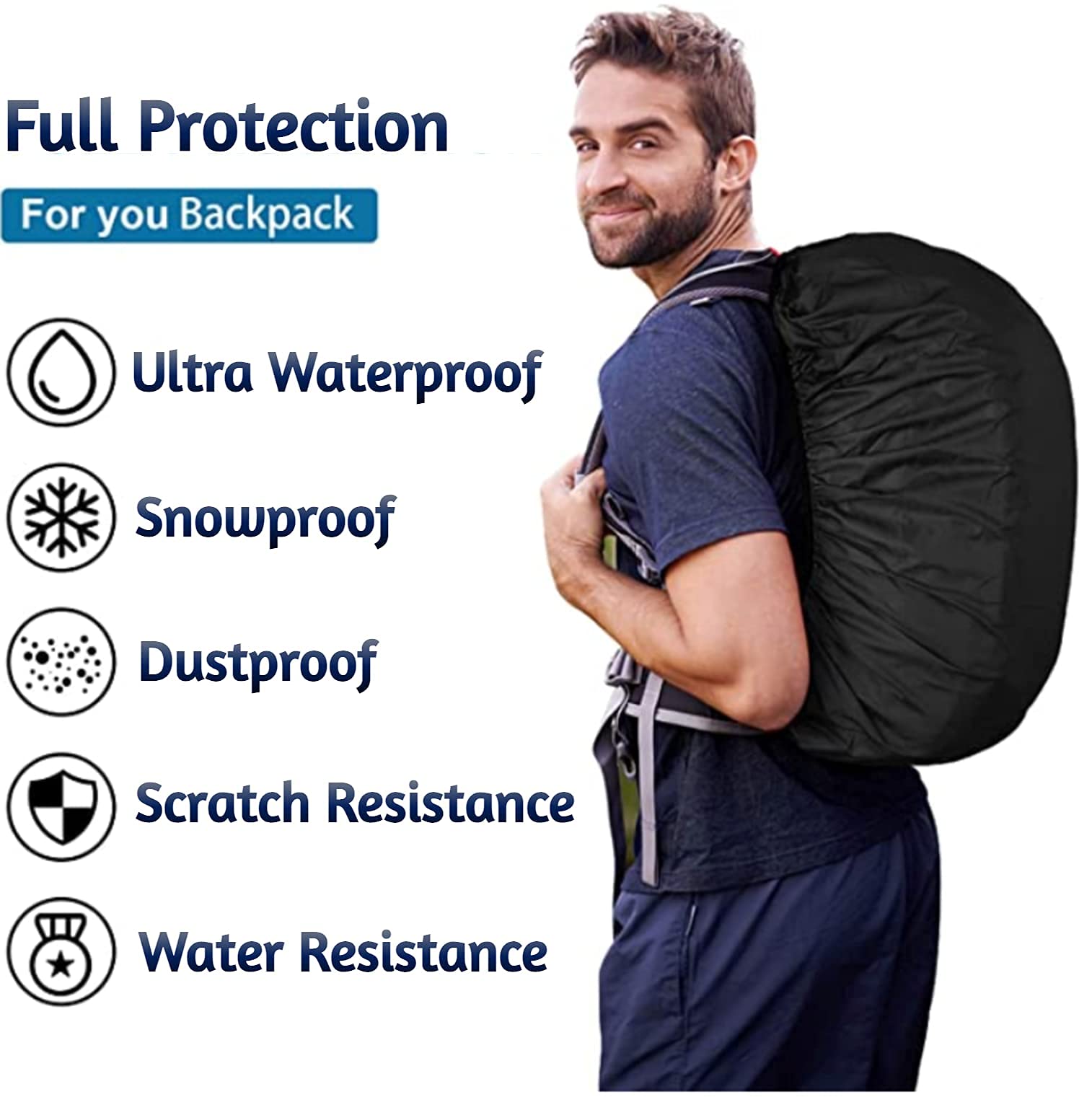Bulfyss Rubberized 100% Waterproof Dust Proof Rain Cover for Backpack Bags, 30L-40L Rainproof Dustproof Protector Raincover Elastic Adjustable for Hiking Camping Traveling Climbing Cycling, Black 3