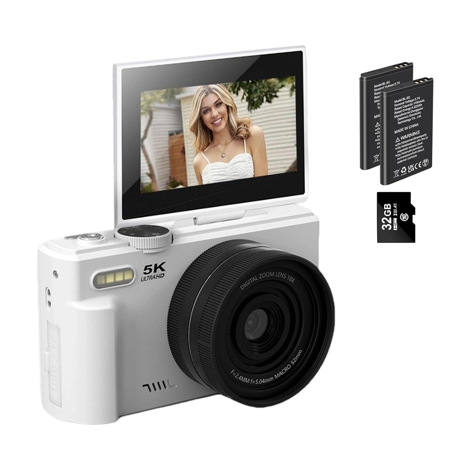 Fotocamera Vlog 5K 75MP Con Schermo da 3 pollici 180 ° Zoom 18X WiFi e messa a fuoco automatica Luce integrata per principianti Zoom WiFi Vlog Camera