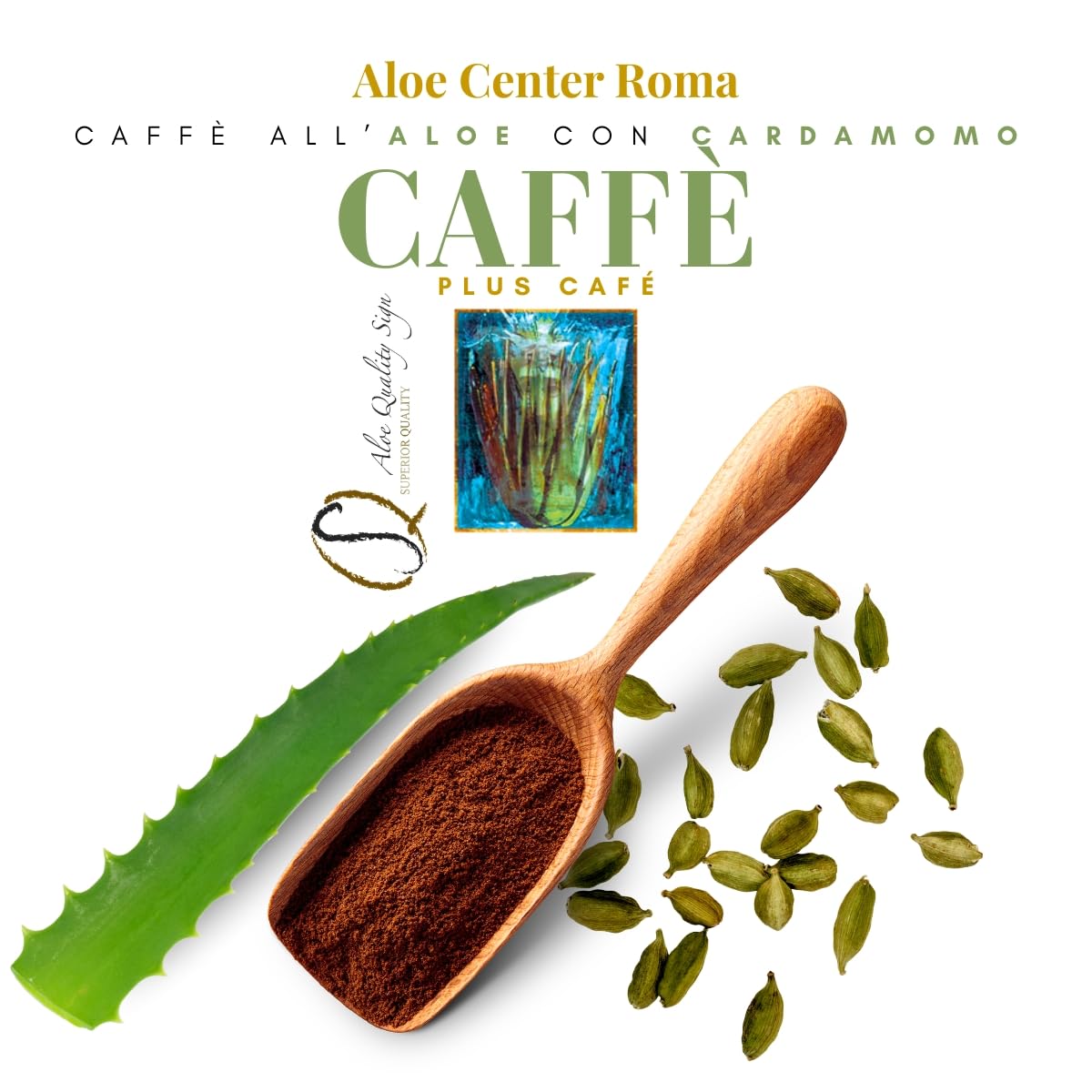 Aloe Center Café con Aloe y Cardamomo - Arábica 100% – Con extracto de Aloe arborescens, 400 g para 110 tazas – Café natural gourmet para cafetera moka clásica, calidad prémium
