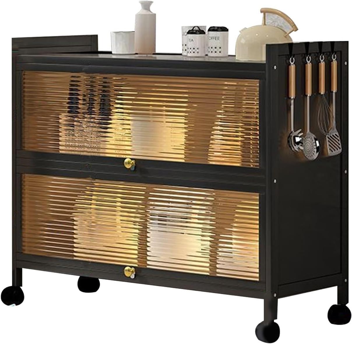 White Kitchen Bakers Rack with 6-Tier Metal Storage Shelf, Rolling Cabinet with Flip Door, Hooks for Pantry, Microwave & Spices (100cm, 3 Layers, 80cm/31in)