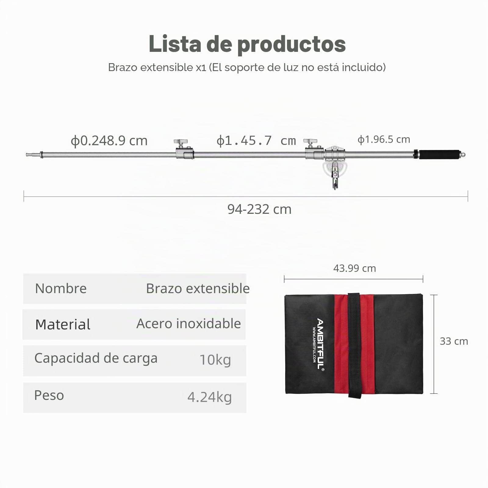 AMBITFUL MF-01 - Brazo cruzado de acero inoxidable pesado de 232 cm para estudio fotográfico, brazo de brazo de brazo de 94 cm a 232 cm, brazo cruzado para soporte en C | Soporte de luz ajustable de 37 a 91 pulgadas, ideal para soporte en C, soportes de l