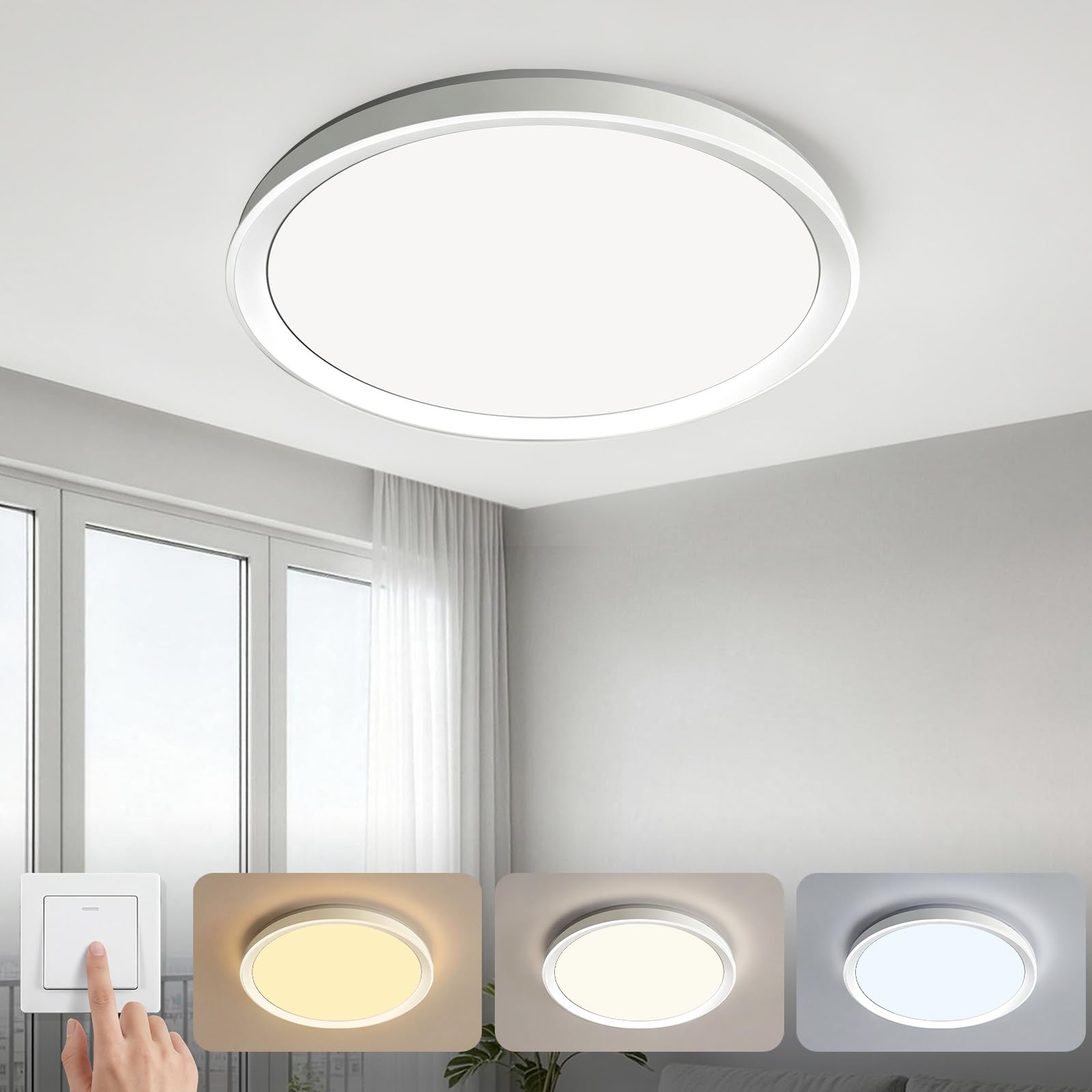 Deckenlampe LED Deckenleuchte,70W 9700lm, Ø48cm Weiße Wohnzimmer Lampe,3 Farbtemperaturen (3000K/4000K/6500K) per Wandschalter Steuerbar,CRI80+ Augenfreundlich,für Flur,Schlafzimmer,Büro