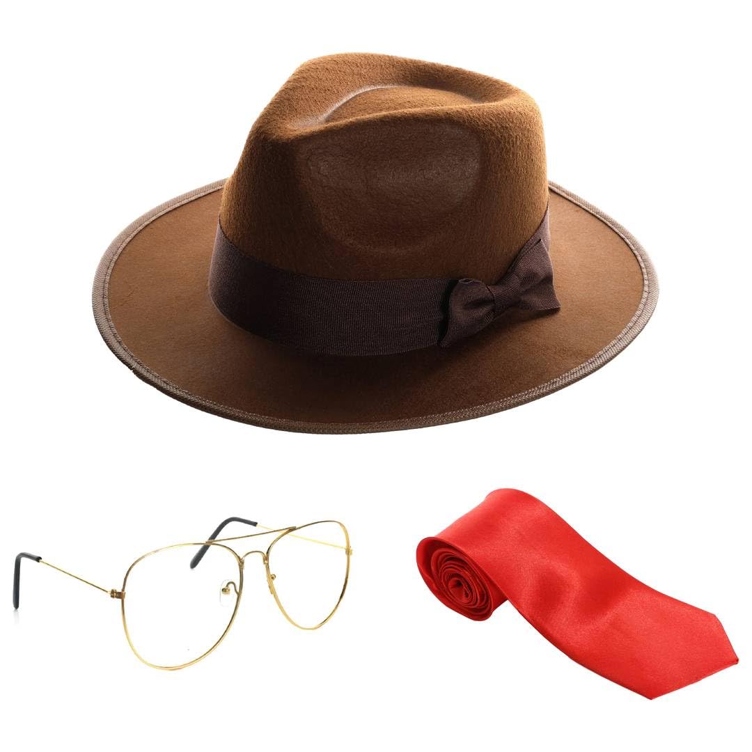 Adults Mr Whatsit Accessory Set - Brown Fedora Hat, 80s-Style Glasses, Red Tie - Mens 80s TV Character Comic Con Halloween Fancy Dress Costume Accessory Set