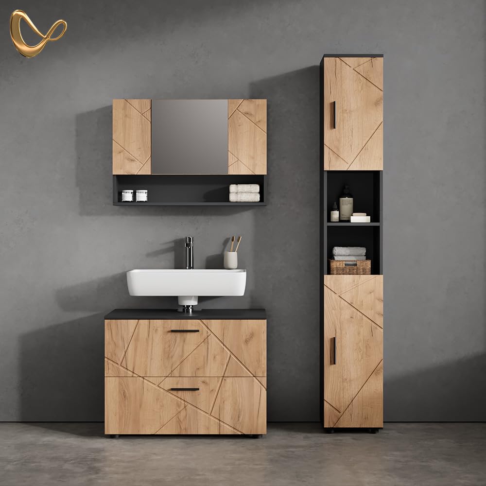 Livinity Badmöbel-Set Ronco, Goldkraft Eiche/Anthrazit, 3 Teile, mit Spiegelschrank 80 cm