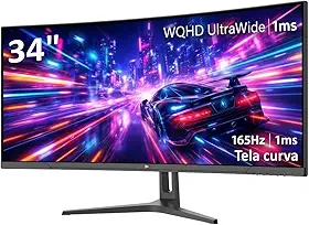 Monitor Gamer Curvo UltraWide 34" 165Hz 1ms, Curvatura R1500, WQHD 3440x1440, Painel VA com Saída de Áudio, Conexões HDMI/DisplayPort para Jogos, Entretenimento