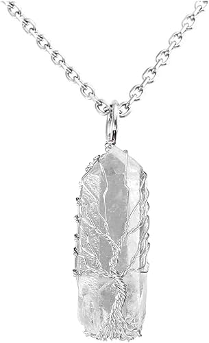 Collar con dije de árbol de la vida con piedra de cristal curativo natural, collar de corazón de varita de cuarzo con piedras preciosas de Reiki,