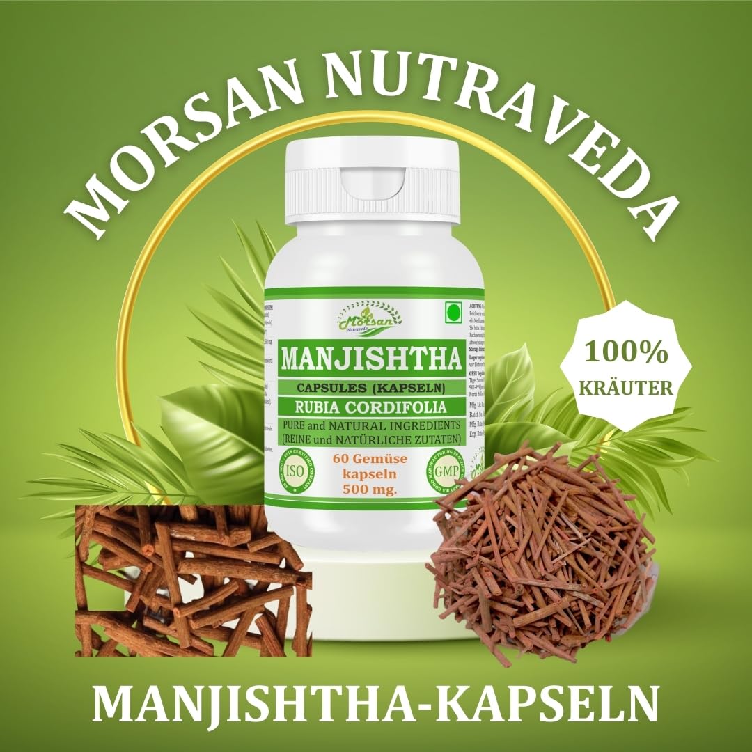 Manjishtha (Rubia Cordifolia, Manjith) Extrakt mit 10:1 Stärke, 500 mg x 60 vegane Kapseln | Ayurvedisches Kräuterergänzungsmittel für Männer und Frauen (2 Flaschen mit 60 Kapseln)