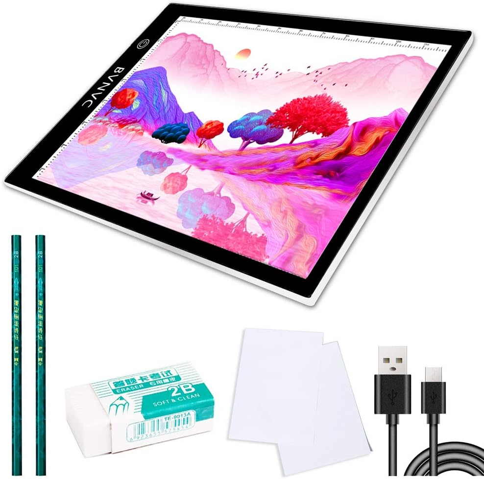 A4 Size Ultra-Thin Portable Tracer White LED Artcraft Tracing Pad Light Box Three-Stage dimming, high Brightness for 5D DIY Diamond Painting Artists Drawing Sketching Animation, Inch Scale