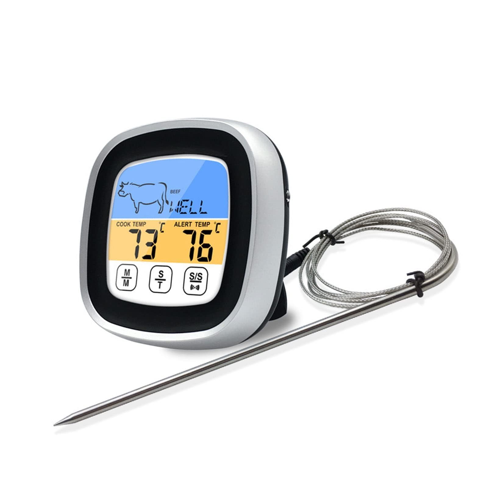 Digital Meat Thermometer, Large LCD Digital Cooking Food Meat Smoker Oven Kitchen BBQ Grill Thermometer Instant Read Wired Probe Digital Meat Thermometer with Timer Alarm(Black)