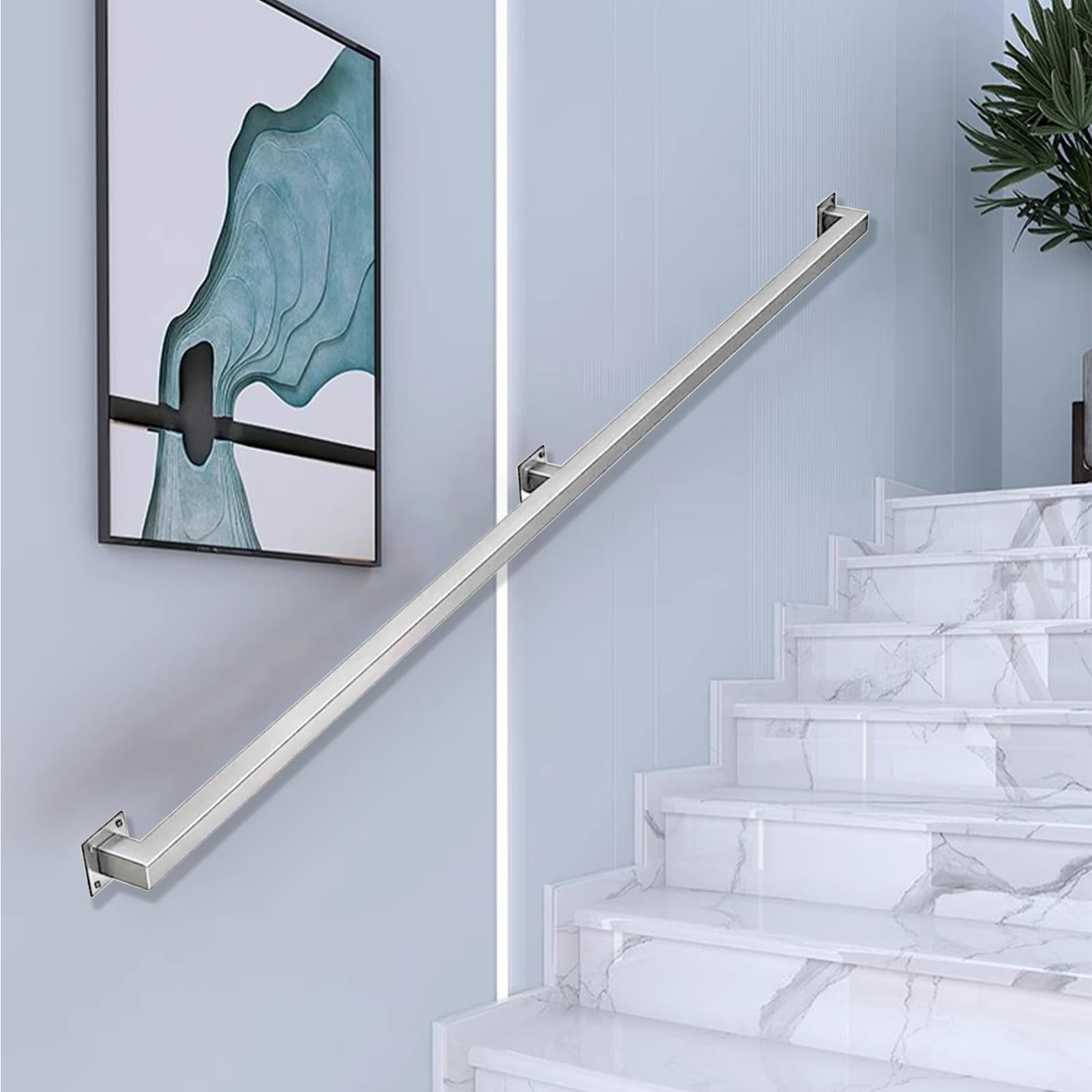 Drsyffsup Silver Stair Handrail, 1ft-20ft Staircase Handrails, Industrial Square Tube Stairs Banister Railing Support Rod, Wall Handrailings for Indoor, Outdoor(16ft/4.8m)