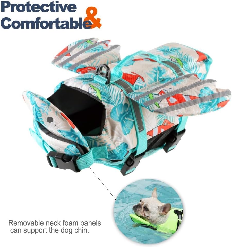 Petglad Dog Life Jacket, High Buoyancy Wings Pet Life Vest for Swimming Boating, Safety Flotation Swim Vest with Extra Chin Float for Small Medium Large Dogs - Leaves Blue, XS