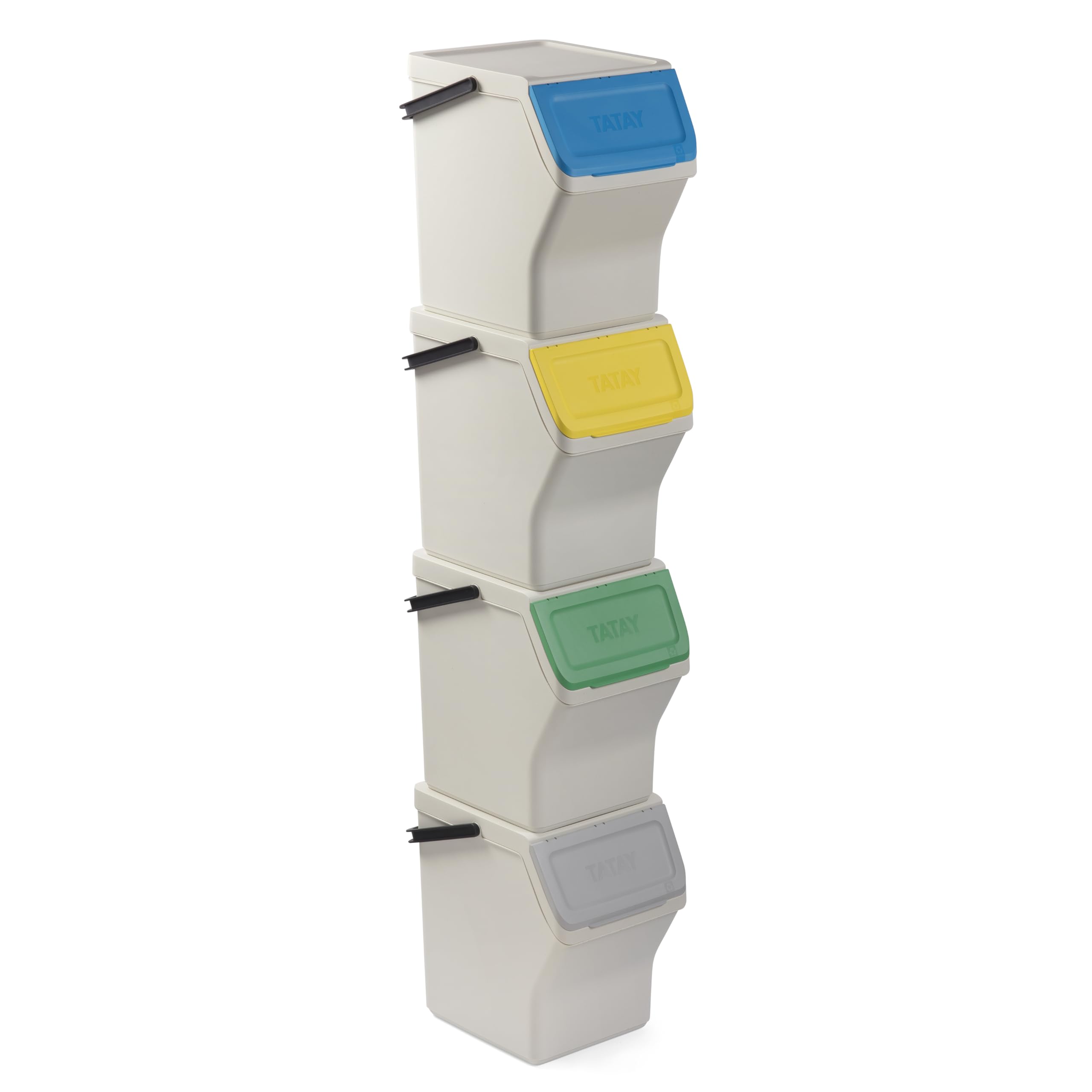 TATAY Recycling Kitchen Bin Easy Waste 20L | Set of 4 | Stackable Recycling Bins Modular Design | Click-Lid System | Integrated Carry Handle | Made from Recycled Material | 35x27x36 cm – White