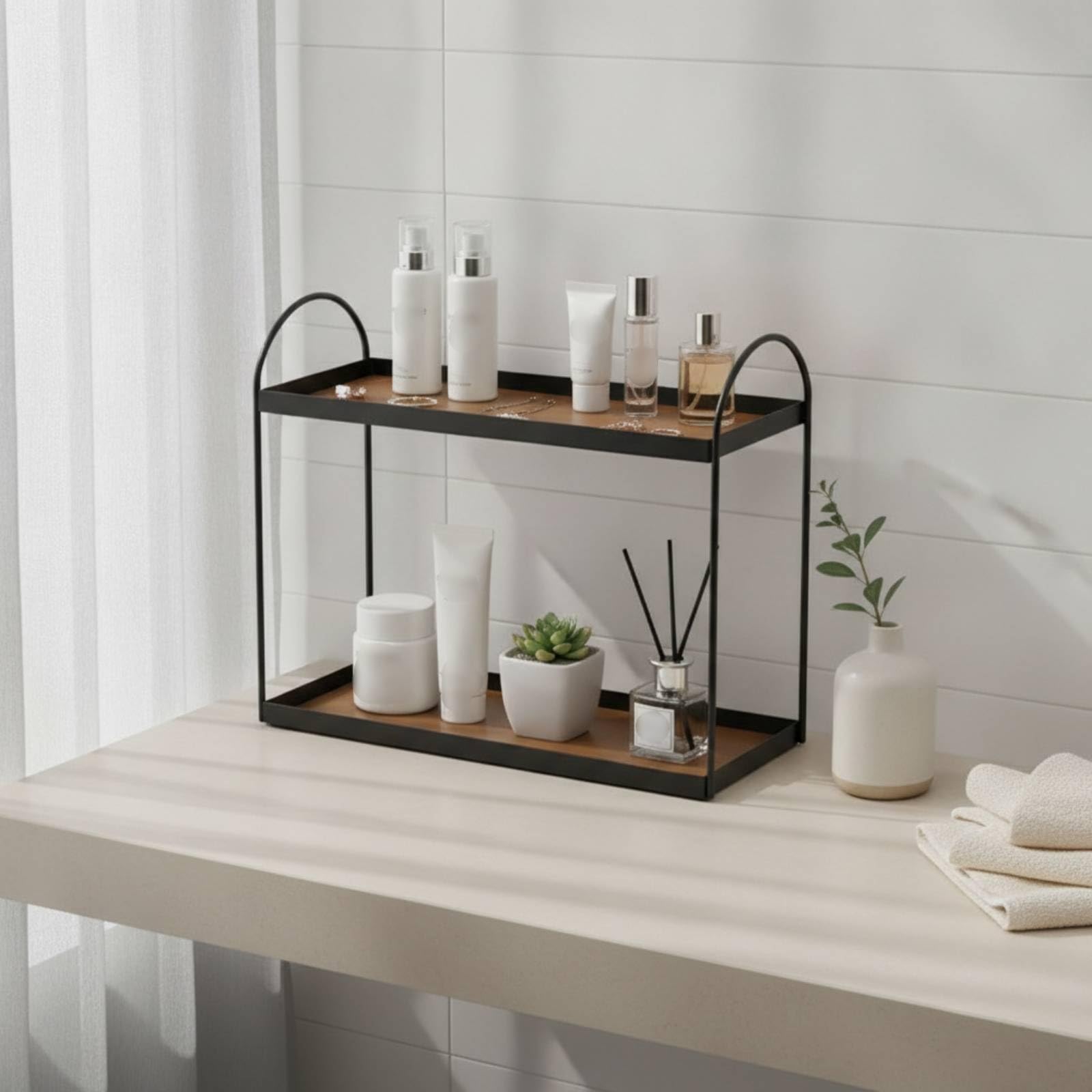 F Fityle Repisa Organizadora Maquillaje y Perfumes con Estructura Resistente Hierro para Vanitorio y Cómoda, Verde, Grande