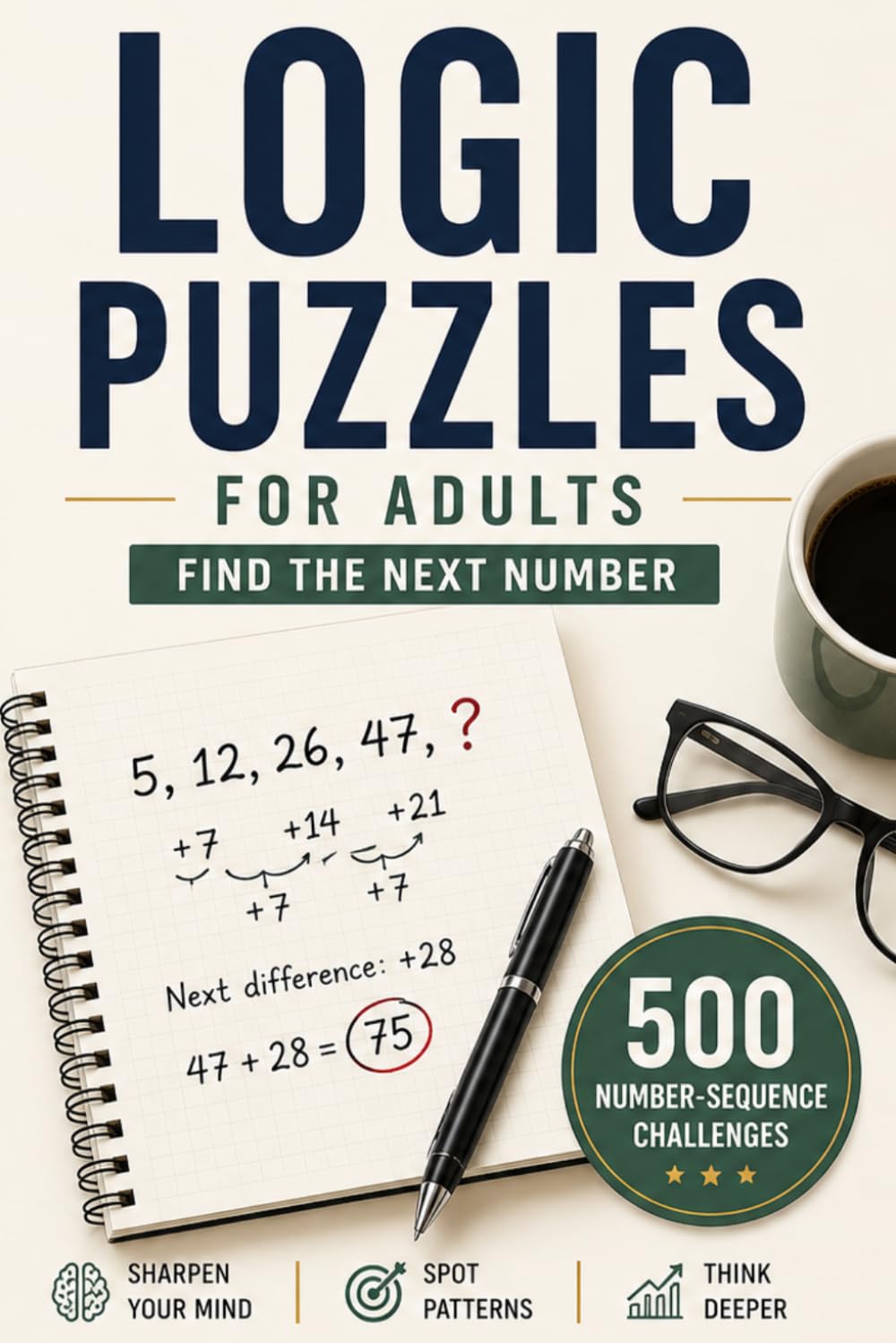 Logic Puzzles for Adults: Find the Next Number: 500 Number-Sequence Brain Games with Solutions