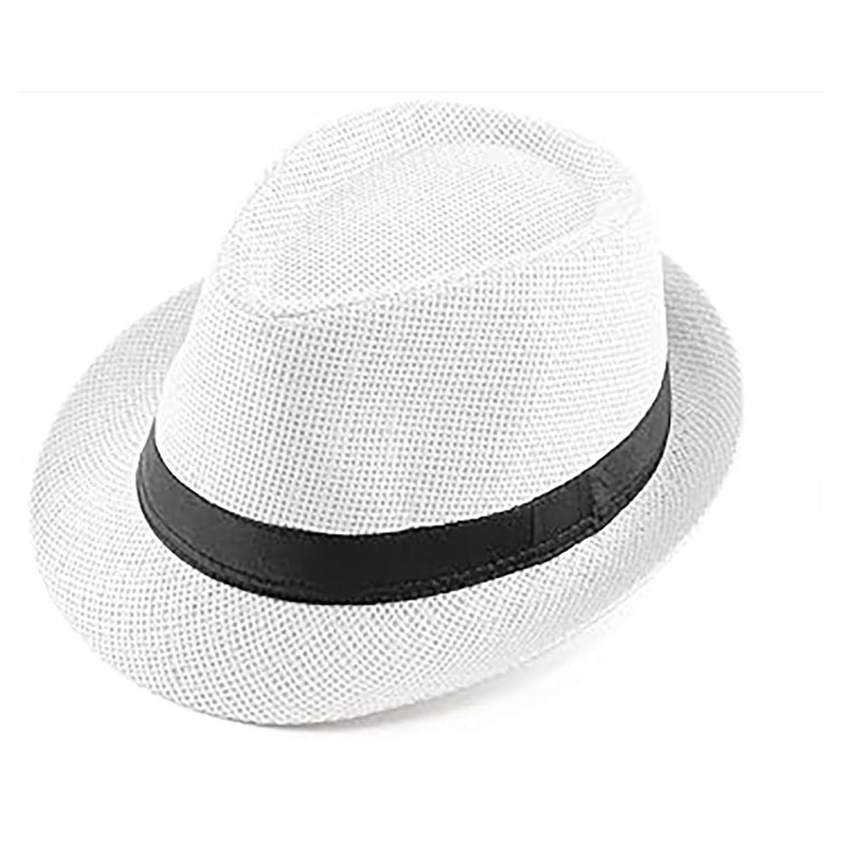 Straw Fedora Hat for Women Men Panama Hat Short Brim Summer Sun Hat,White