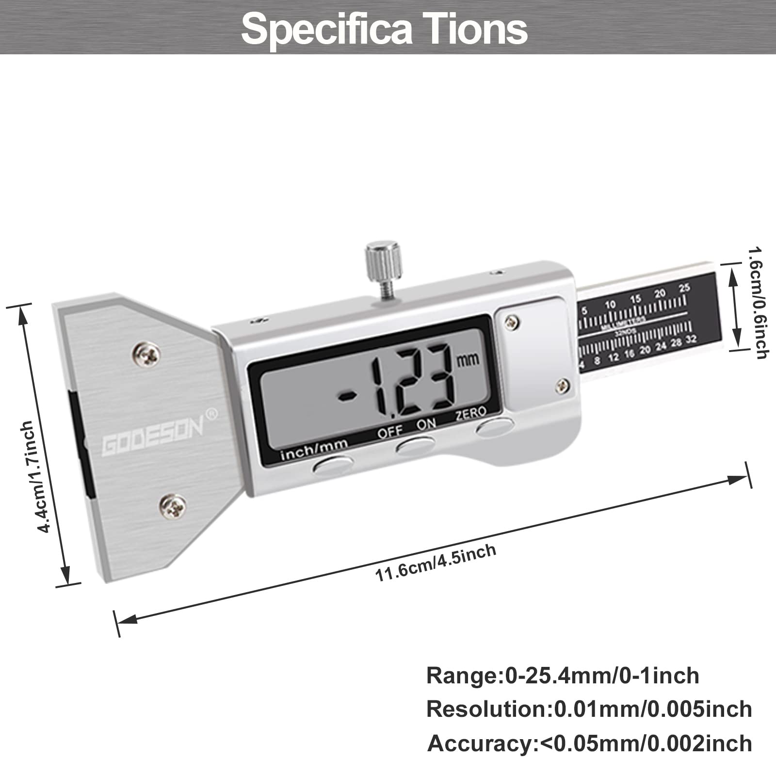 GODESON Metalowy cyfrowy miernik głębokości bieżnika opony UK 25,4 mm, wyświetlacz LCD miernik głębokości bieżnika opony cal/mm, precyzyjny profesjonalny pomiar do motocykla, samochodu, ciężarówek