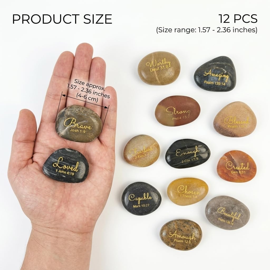12Pcs Christian Inspirational Rocks Bible Verses Scripture Engraved Stones | Encouragement Scripture Stones with Inspiring Prayer Word for Church Meditation Bible Study Friends Gifts Home Decor
