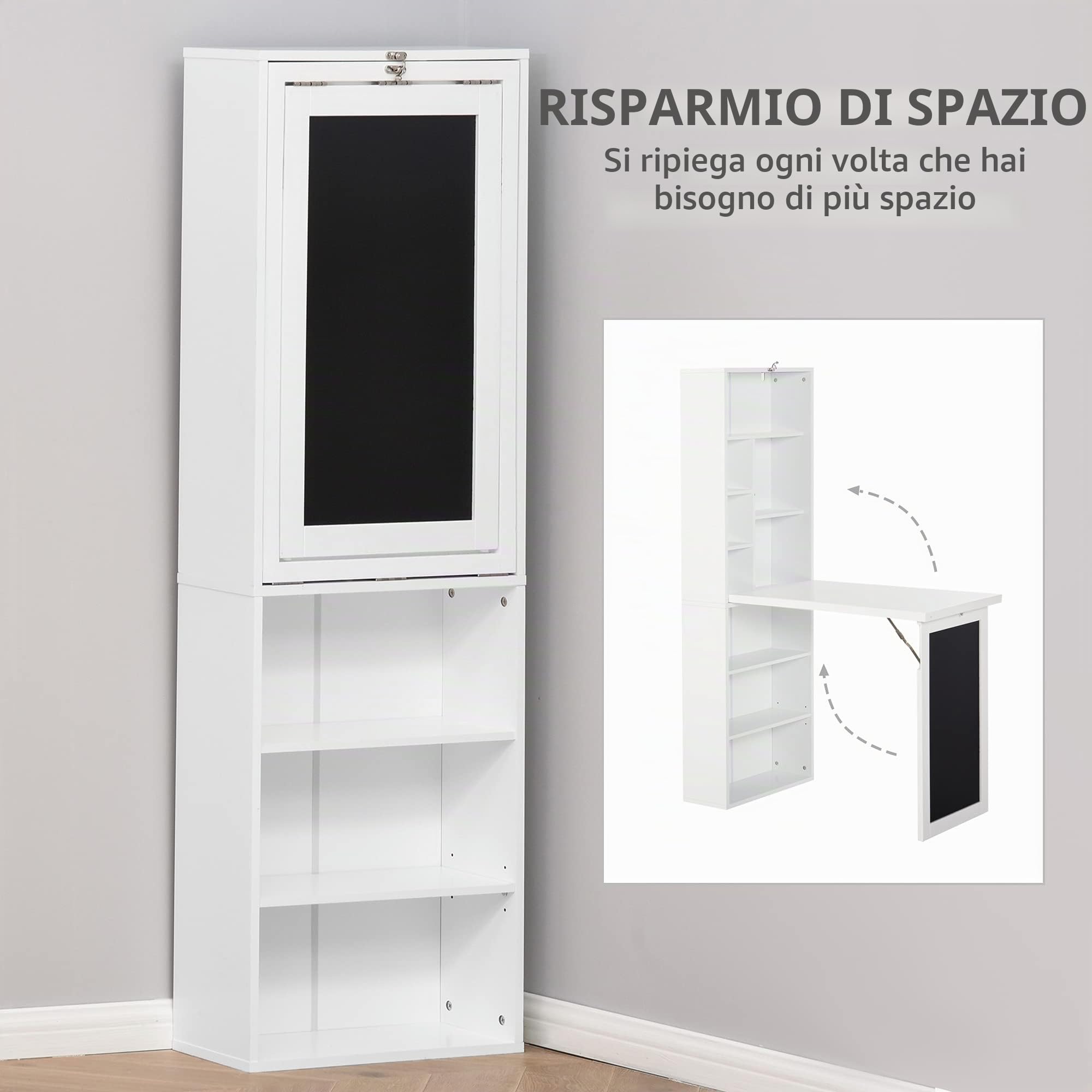 Scrivania Pieghevole con Libreria e Lavagna per Camera e Ufficio Bianco - 804DHWT2