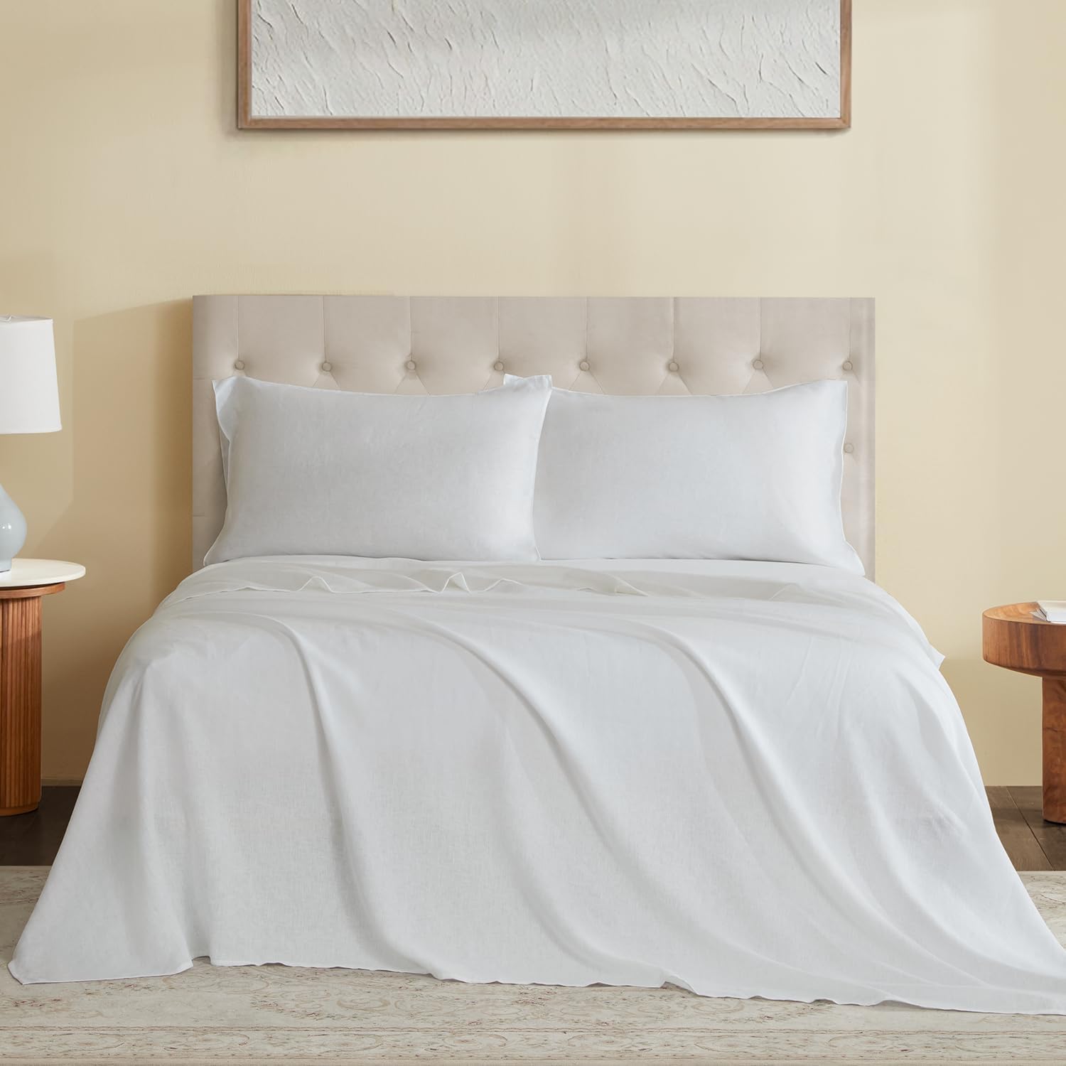 DAPU Pure Linen Sheets Set, 100% French Linen from Normandy, Breathable and Durable for Hot Sleepers, 4 Pcs Set - 1 Flat Sheet, 1 Fitted Sheet, 2 Pillowcases (White, King)