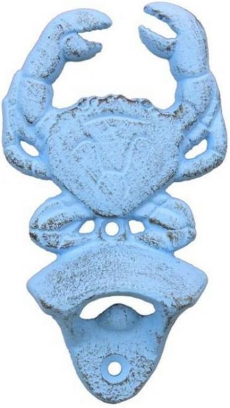 Hampton Nautical Rustic Light Blue Wall Mounted Crab Bottle Opener 6"-Vintage Cast Iron Decor-Sea Life