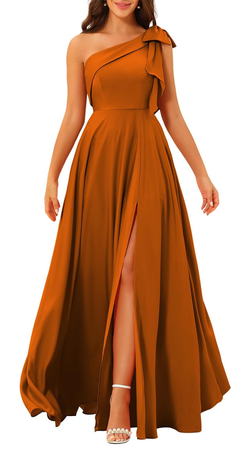 Hppee Women's Burnt Orange One Shoulder Bridesmaid Dresses For A Line Satin Prom Dress With Slit Corset Ball Gown Uk16