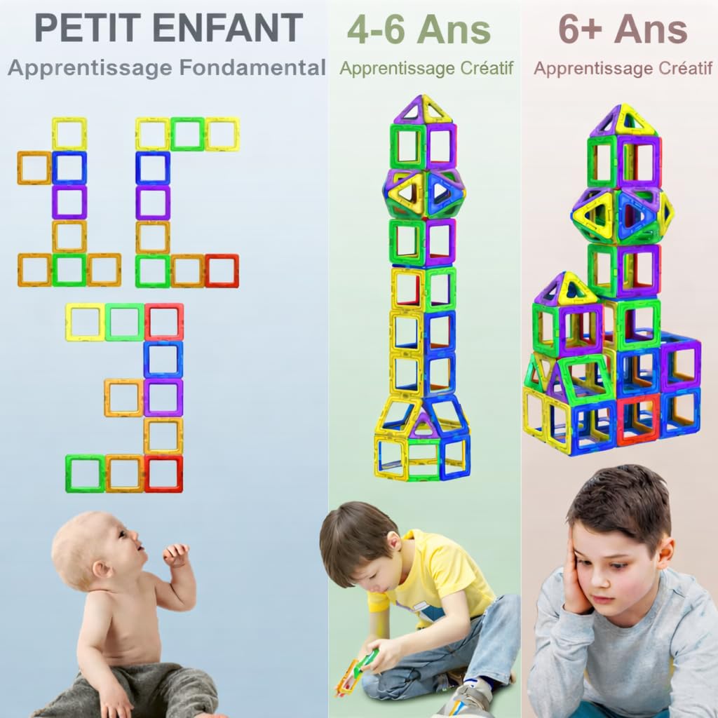 Bloc de Construction - Bloc Construction Magnetique Éducatifs STEM pour Enfants, Apprentissage Préscolaire Sensoriel Montessori Jouets Magnétiques pour Garçons & Filles dès 3 Ans - 96 Pièces
