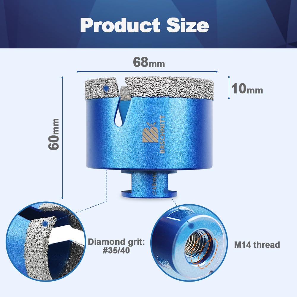 Fresa diamantata per piastrelle 68 mm - BRSCHNITT M14, fresa diamantata per piastrelle, porcellana, ceramica, marmo, granito, per smerigliatrice angolare