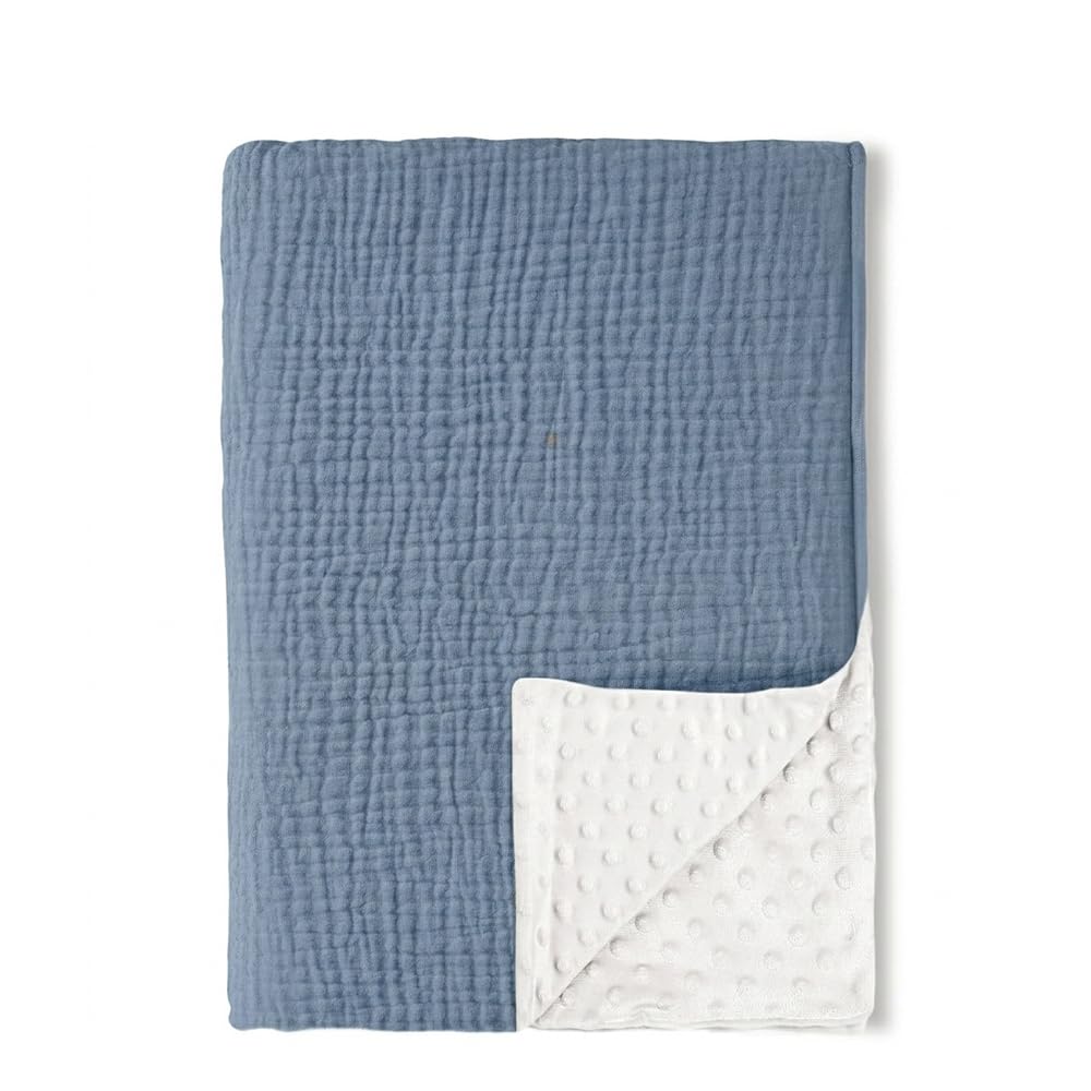 SNOWGAOGAO Baby Blanket for Newborn Boys Girls, Soft Breathable Muslin Cotton & Dotted Fleece Nursery Blankets, Receiving Blanket for Crib, Stroller & Moses Basket, 75x100cm (Blue)