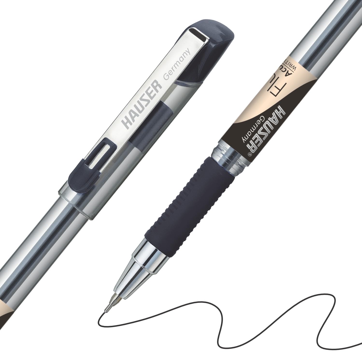 Hauser Fluidic 0,55 mm Kugelschreiber-Set, Gummigriff mit Acu Flow-Schreibsystem, trendiger Metallclip, transparenter Körper, nachfüllbarer Kugelschreiber, blaue, schwarze und rote Tinte, 50 Stück