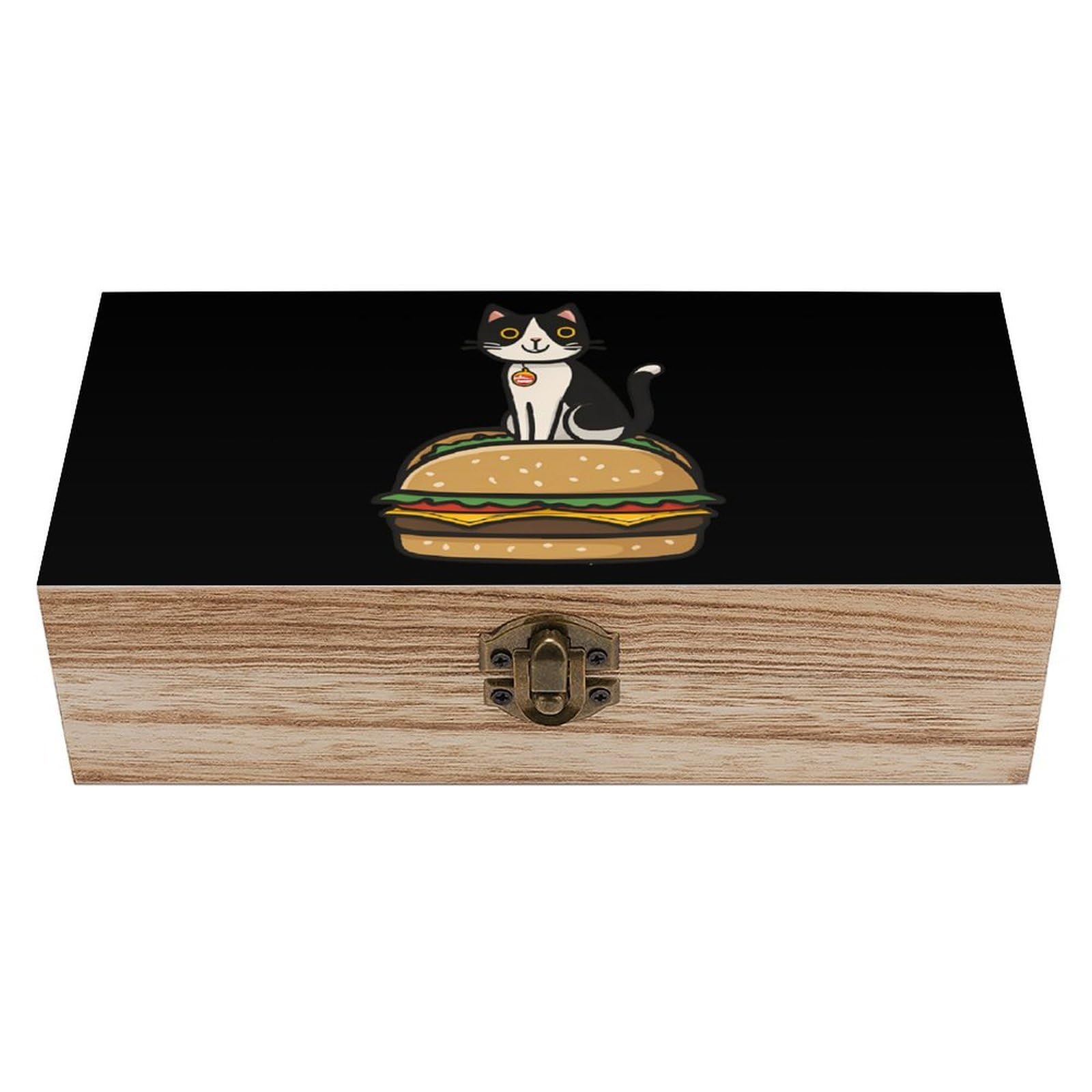 HLBSDM Funny Hamburger Cat Wooden Box with Hinged Lid Decorative Storage Case Container